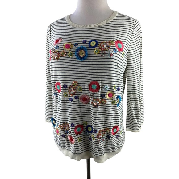 Talbots Floral Row Striped Embellished Embroidered Crewneck Sweater Plus Size 1X - Picture 2 of 12